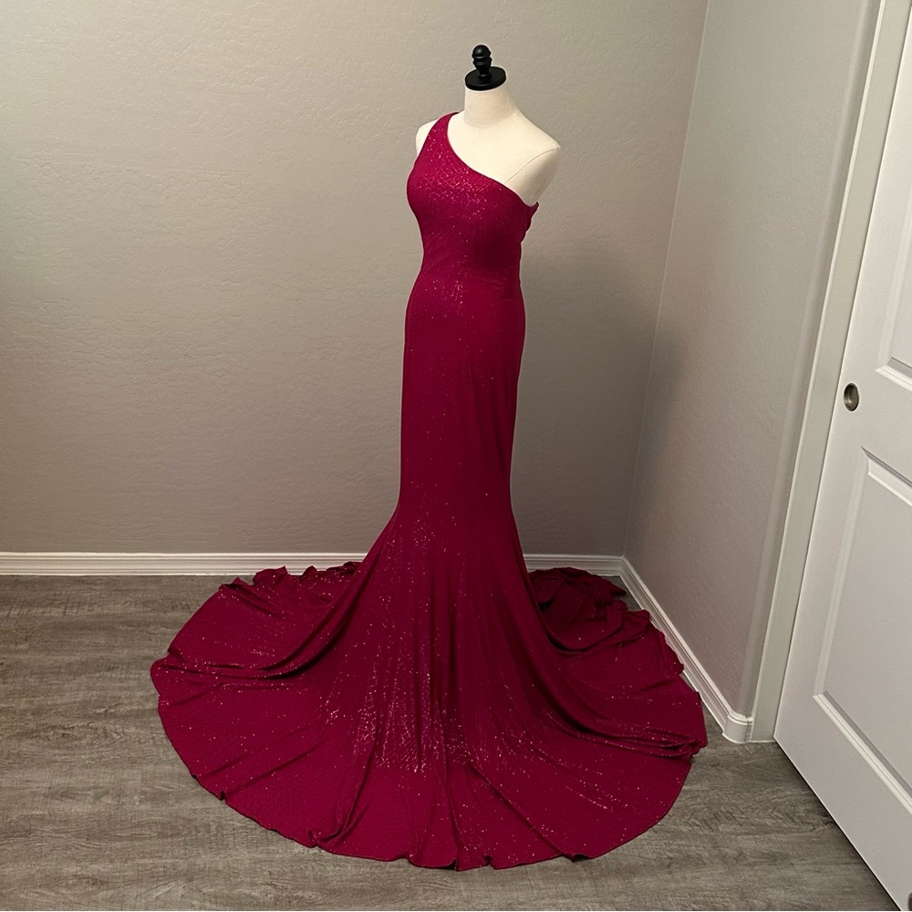 🔴CLEARANCE NEW JOVANI SZ 6 MAGENTA SHIMMER ONE SHOULDER FORMAL EVENING GOWN - Picture 2 of 16